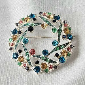 Napier‎ Multicolored Wreath Rhinestones Enamel Vintage Brooch Pin Silver Tone